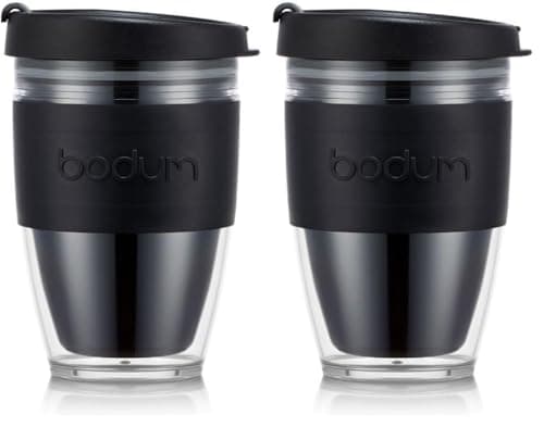 BODUM 11889-01S JOYCUP Travel Mug, Double wall, 0.3 l, Black Band, Plastic (Pack of 2)