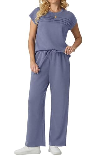 GRECERELLE Two Piece Outfits Women Summer Travel Vacation Tracksuit Womens Full Set Short Sleeve Casual Crew Neck Cap Sleeve Front Plisse Matching Sets Wide Leg Pants (Haze Blue, S) — view 2