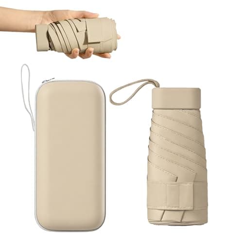 Mini Folding Travel Umbrella, Windproof Strong, UV Protection, 6 Ribs, Pocket Umbrella with Capsule Case for Women, Men, Girls-Beige
