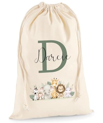Personalised Gift Bag - Custom Name Jungle Theme Animals Drawstring Sack - Personalise Name Kids Children's Cotton Canvas Newborn Baby Shower Birthday Christening Present Treat - Canvas XL 49.5 x 75cm
