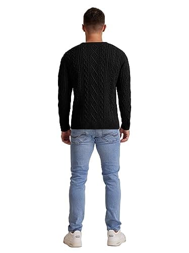 Hisir Men's Cable Knit Jumper, Thick Warm Crew Neck Winter, Black, M — view 6