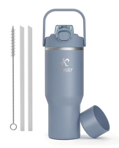 KANGZY Metal Water Bottle with Straw 1L/32oz – Vacuum Insulated Stainless Steel Flask, 2-in-1 Straw & Spout Lid, BPA-Free Leak-Proof Tumbler, Keeps Drinks Hot 8H+ / Cold 24H for Work, Travel Blue