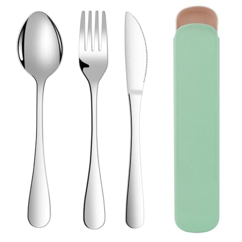 ABOHU Cutlery Set with Portable Pouch Case, 3 Piece Stainless Steel Flatware Set, Tableware Silverware Set with Spoon Knife and Fork Set, Mirror Polished, Dishwasher Safe - Green