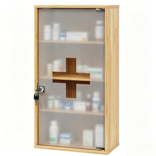 HEYZOEY Bamboo Medicine Cabinet with Lock, Wall Mounted Bathroom Storage Cabinet, Wooden Medicine Organiser for First Aid & Medicine Storage, Adjustable Shelves