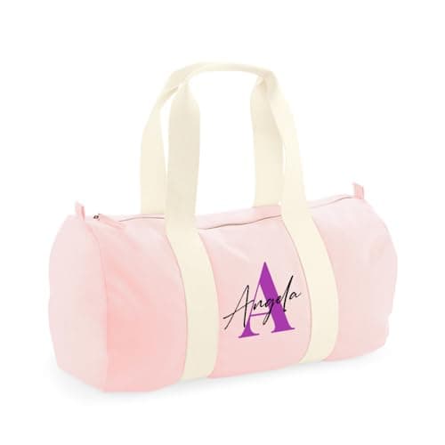 Personalised Bag Initial with Name, Alphabet Name, Barrel Bag, Holdall Zip Sports Duffle Bag. (Classic Pink)