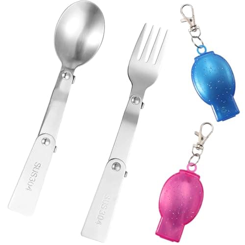 2 Pack Foldable Spoon and Fork Set, Portable 304 Stainless Steel Travel Utensils, Folding Sporks with Storage Case for Camping, Hiking, Outdoor Picnic, Backpacking