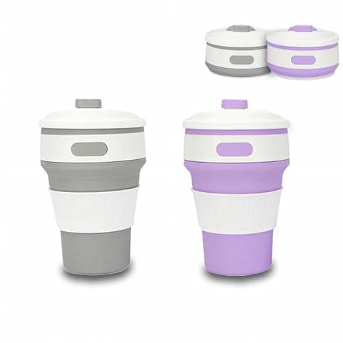 Accmuzzy 2 Pack Collapsible Cup with Lid,Camping Travel Mugs for Hot Drinks,Coffee Cup Travel,Foldable Cup for Picnic,Camping,Hiking,Office (1 Grey 1 Purple)