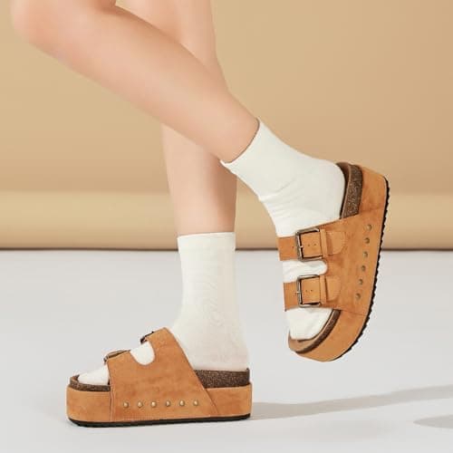 Women's Platform Sandals Cork Footbed Adjustable Double Buckle Slides — view 2