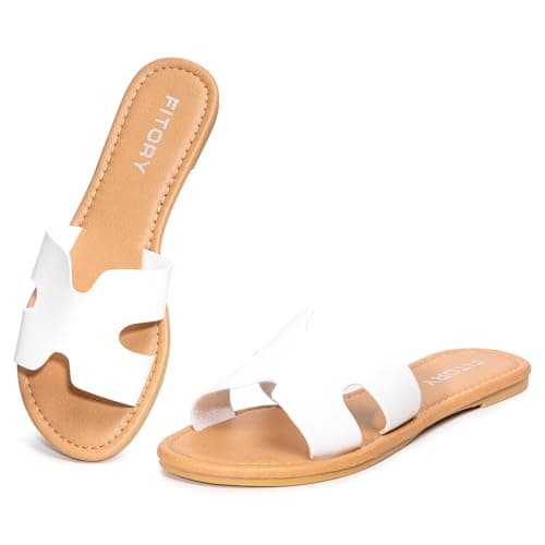 FITORY Women's Fashion Sandals Summer Casual Dressy Slip On Comfortable Leather Flat Slides On Indoor/Outdoor Pure White Size 6