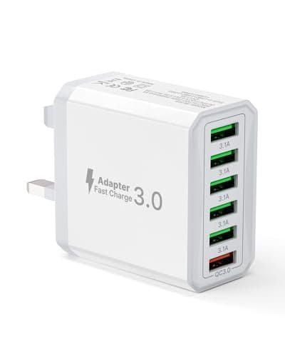 Tupneuf 33W 6-Port Multi Plug Multiport Charger Head with QC 3.0 Fast Charging, USB Plug Adaptor UK Wall Power Adapter Mains for iPhone 16 15 14 13 12 11 10 Pro Max Plus XS 8 7 6 5, Samsung, iPad