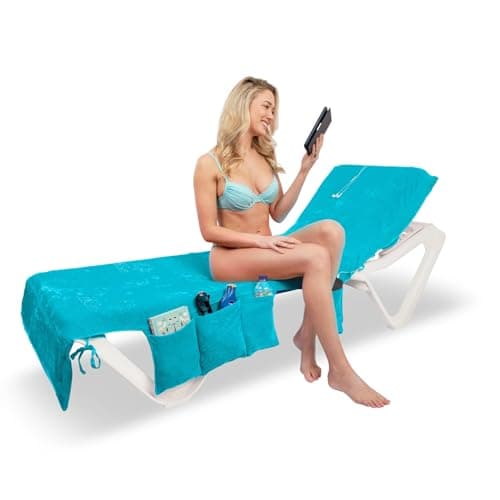 ITSA Velour Beach Towel with Pockets & Handles | 100% Cotton Foldable Sun Lounger Cover | Carry Bag | Secure Storage Beach Towel (Turquoise)