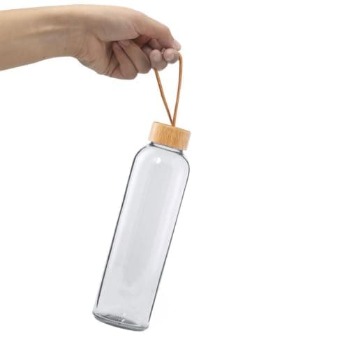 Personalised 500ml Glass Water Bottle with Cork Cover & Bamboo Lid - Eco-Friendly Custom Branded Reusable Bottle with Carry Handle for Travel & Everyday Use — view 3