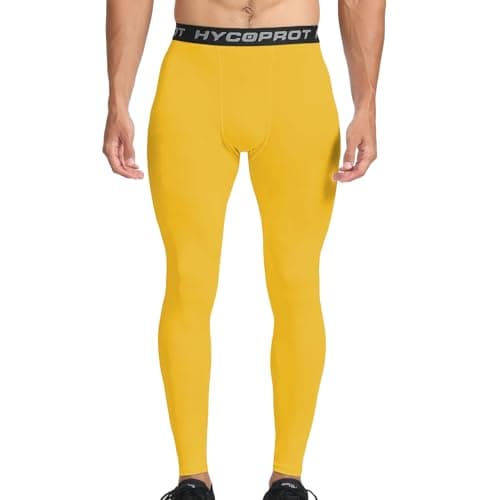 HYCOPROT Men's Running Leggings Compression Trousers Athletic Tight Base Layer Pants for Workout Sports Yoga Basketball (Yellow, S) — view 2