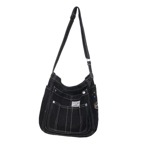 drburpily Shopping Pouch Shoulder Bag Women Denim Tote Bag Large Capacity Daily Beach Trips Or School Needs Birthday Or Anniversary. Lightweight Womens Denim, Black, 35x14x32cm — view 2