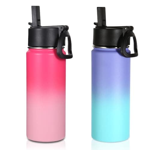 Volhoply 480ml Kids Water Bottle Bulk 2 Pack,Insulated Sports Bottles with Straw Lid,Stainless Steel Bottle with Handle Keep Cold & Hot,Double Wall Vacuum Flask for School(Assorted,Set of 2)