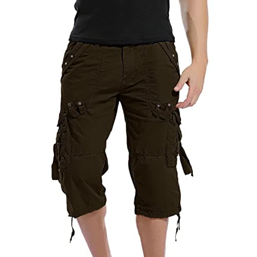 IQYU Waterproof and windproof sports trousers, plain, multi pocket trouser leg hanging rope, tool, seven-minute shorts, black army trousers, gray, 26