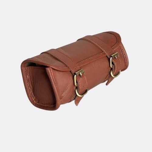 Genuine Goat Leather Vintage Motorcycle 2 Strap Buckle Closure Tool Brown Bag Quick Release Clasp Reinforced for Handlebars,Forks, Sissy Bar - 10" Christmas New Year Gift Idea