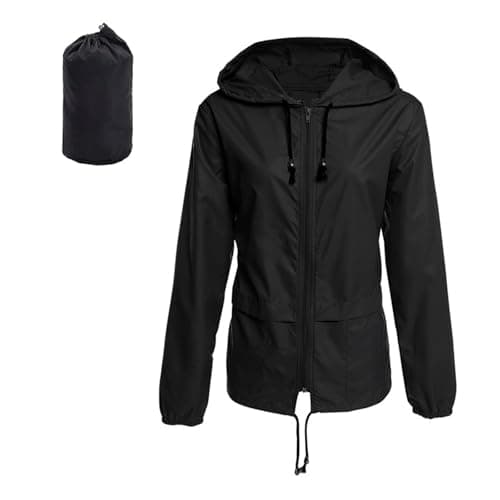 JiaYouLC Women's Lightweight Waterproof Jacket Packable Hooded Raincoat in a Bag Sun Protection Windproof Rain Jacket (UK, Alpha, M, Regular, Regular, Black)