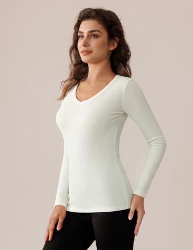 Harlamvar Women Micro Fleece Lined Tops Long Sleeve Tops V Neck Base Layer — view 2