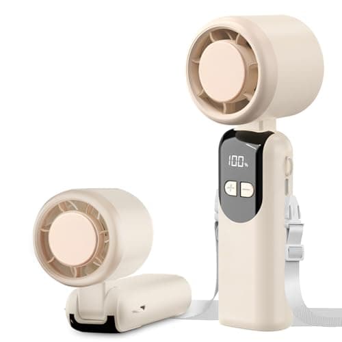 LULUWA Handheld Turbo Fan, 100 Speeds 90° Fold-able & USB Rechargeable LED Display with Lanyard Desktop or Neck Mini Fan for Shopping Camping Traveling Walking (Beige)