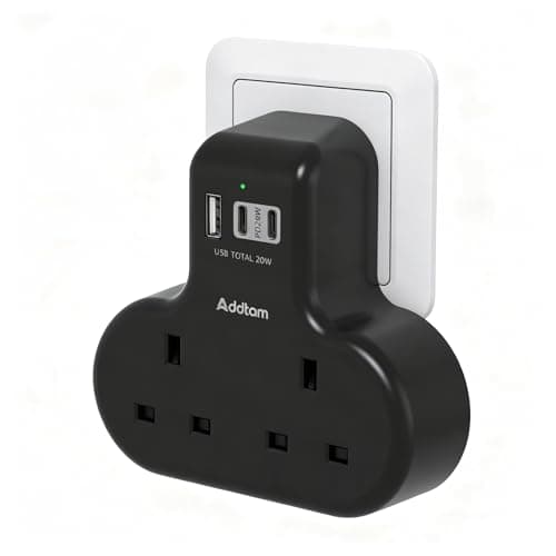 Addtam PD 20W Double Plug Extension, 2-Way Multi Socket Adapter with 3 USB