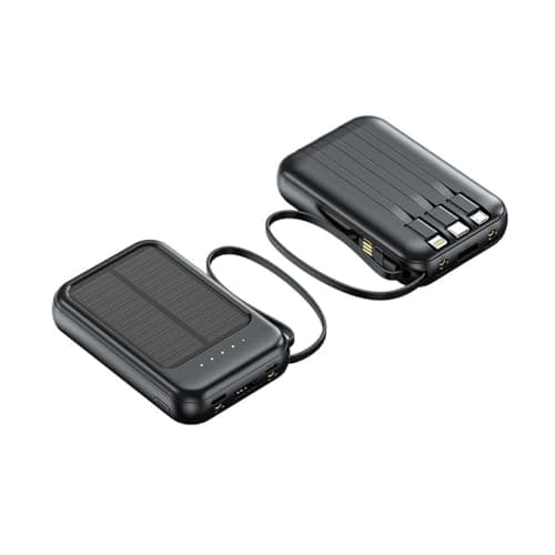 Solar Power Bank 10000mAh, Portable Charger with Built-in Cables, USB-C, Micro USB, and Lightning Compatible, Black