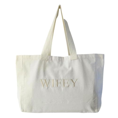 JRP. Bride, Wifey, Team Bride, Canvas Embroidered Large Shoulder Tote Bag - For Hen Party, Weddings, Honeymoon, Wedding gifts (Wifey)