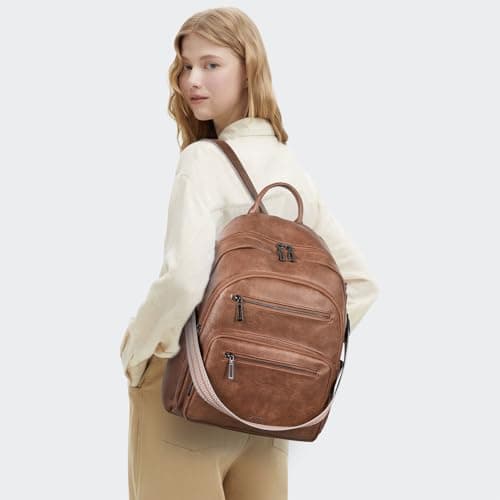 LATMAP 32L Vegan Leather backpack Women 14.5"x8.5"x16",Laptop Backpack for Women College Daypack Work Handbag Travel fits 14" Laptop Business,Brown — view 2