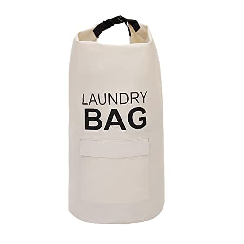 IHOMAGIC 71L Hanging Laundry Hamper Backpack with Adjustable Shoulder Straps, Foldable Laundry Basket with Handle and Pocket - Dirty Clothes Storage Bag for Travel, Laundromat, Apartment (Beige)