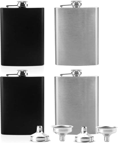 Tebery 4 Pack 8oz Hip Flask with Funnel, Stainless Steel Whiskey Flask, Leakproof, Portable Liquor Hip Flask for Men (Black & Silver)