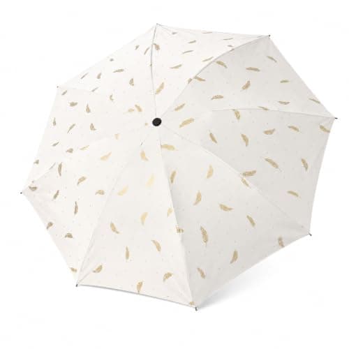 GEEKPC UV Protection Sun Umbrella Compact - UPF 50+ Blocks Over 99% UV Rays Windproof 8 Ribs Ultra Lightweight 280g Folds 28cm Handbag Size Travel Parasol For Women Gold Print Summer (White Leaf)
