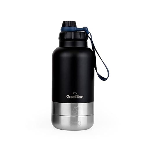 GrandTies Insulated Portable Dog Water Bottle with 2 Detachable Dog Water Bowl Dispenser | Leak-Proof Dog Food Travel Container | Dog Accessories for Dogs Walking, Hiking, Camping (32oz, Matte Black)