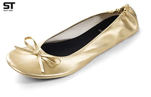 Silky Toes Women’s Foldable Ballet Flats - Portable Roll-Up Slippers for Purse, Travel, or Events - Comfortable Ballerina Shoes, BBB Gold New, Medium — view 3
