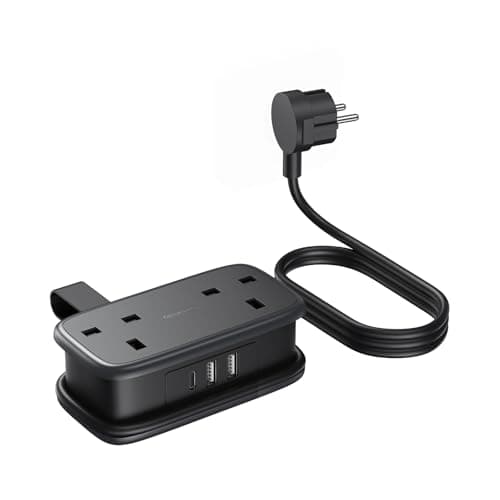 NTONPOWER UK to European Plug Adapter with 1.2M Extension Cable，2 Way Travel Extension Lead with 3 USB(2A+1C) Compact Travel Adapter for Germany France Spain Turkey Greece Iceland etc(Type E/F)