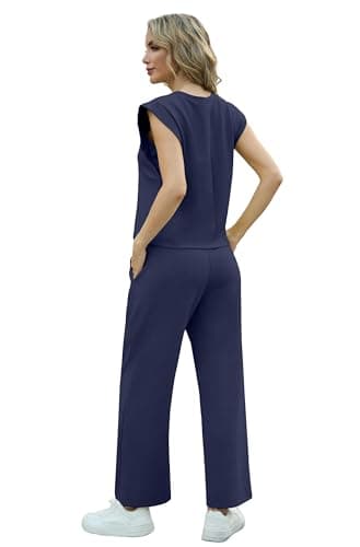 GRECERELLE Womens 2 Piece Outfits Summer Tracksuit Full Set Casual Travel Outfit Crew Neck Coords Sets Lounge Wear Sets Cap Sleeve Top And Long Trousers With Pockets for Women UK (Navy Blue, M) — view 6