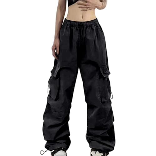 Women's Summer Cargo Parachute Pants with Loose Fit, Lightweight Nylon Fabric, Multi-Pocket Street Style for Casual Outings and Travel (Black, L)