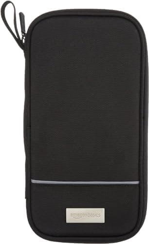 Amazon Basics Passport Holder Travel Wallet, RFID Travel Organizer Document Holder, Nylon with Zippered Pockets, 25.4 x 12.7 cm, Black, Solid