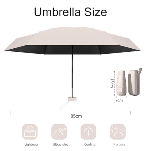 MPXEAVG UV Umbrella, Sun Umbrellas, Compact Umbrella mini with Case, for Women Handbag Size, UV Protection for Men Women (Beige) — view 2