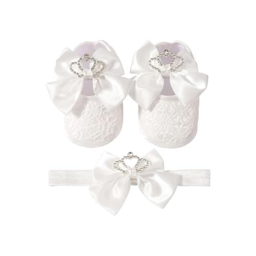 APGLSXY Stylish Crowns Bowknot Design Newborns Girl Shoe Headband Set Feature Soft Soles and Comfortable Fabric Soft Baby Footwearsophisticated Child Girl Footwear