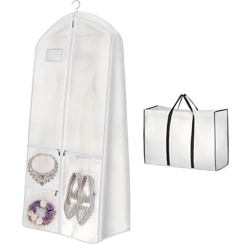 70" Wedding Dress Bag with Bride Tote Bag Covers Garment Bags with 3 Pockets and ID Slot Suit Carriers for Ball Gowns & Bridal Dress Dustproof Dress Carriers for Women Dancers Travel,White