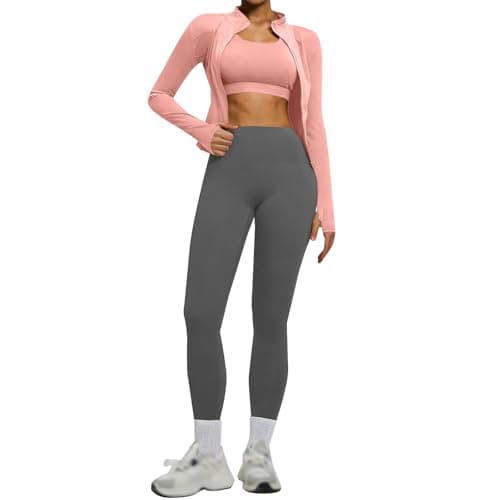 AMDOLE Gym Sets for Women 2 Piece Tracksuit Sets Long Sleeve Zip Up Cropped Jackets With High Waist Leggings Workout Set Yoga Sport Running Outfits Activewear Set Rose Gold L
