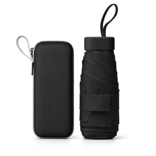 WHJYCC Mini Travel Umbrella, UPF 50+, 6-Rib, Black, with Zip Case