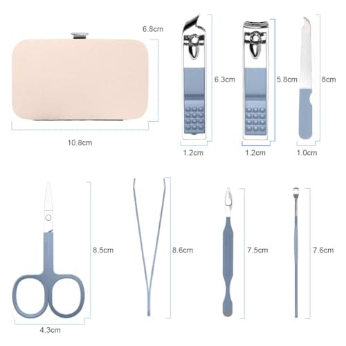 URAQT Professional Manicure Set, 7 pcs Portable Nail Clippers & Eyebrow Grooming Kit, Stainless Steel Nail Care Tools with Luxurious Leather Case for Travel & Home（Blue） — view 2
