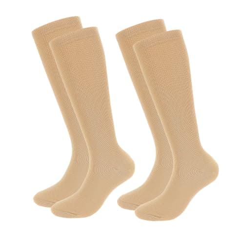 JASGOOD 2 Pairs Compression Socks for Women & Men,15-20 mmHg Knee High Travel Flight Socks for Cycling,Pregnancy,Long Standing,Work,Varicose Veins, Apricot, S/M