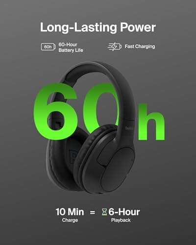 Belkin SoundForm Surround Bluetooth Over-Ear Headphones, Environmental Noise Cancelling Headphones, Wireless with 60H Playtime and Soft Ear Cups for iPhone, Galaxy, iPad, Travel, Home or Office, Black — view 2