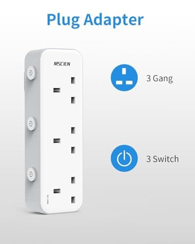 Mscien 3 Gang Plug Adaptor with LED Indicators, White, 3250W — view 2