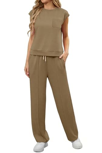 GRECERELLE Two Piece Outfits Women Summer Short Sleeve Tracksuit Womens Full Set Lounge Wear Sets for Women Casual Crew Neck Cap Sleeve Tops and Jogging Bottoms with Pockets(Khaki, M) — view 4