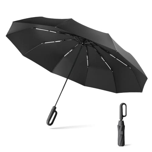 RainHaven Windproof Compact Umbrella – Automatic Open Close Premium Folding Umbrella for Travel, Lightweight & Small, Black with Hook Handle & Case