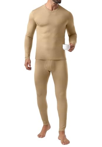 QIXING Mens Thermal Underwear Set Fleece Lined Long Johns Warm Base Layer Set for Winter Ski Football Work (Light Camel, L) — view 5