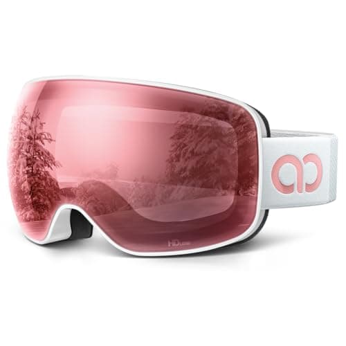 Lamicall Ski Goggles, Skiing Goggles - 【HD Spherical Lens】 Anti-fog Snow Snowboard Goggles with Wide OTG Over Helmet Compatible, UV400 Protection for Men & Women - White Frame - Pink